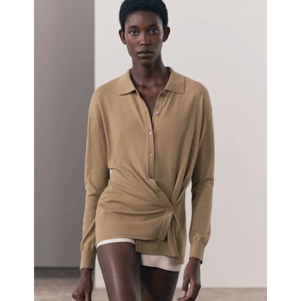 Zara Cardigan Womens‎ Small Brown Button Up Knit Collared Minimalist Shirt